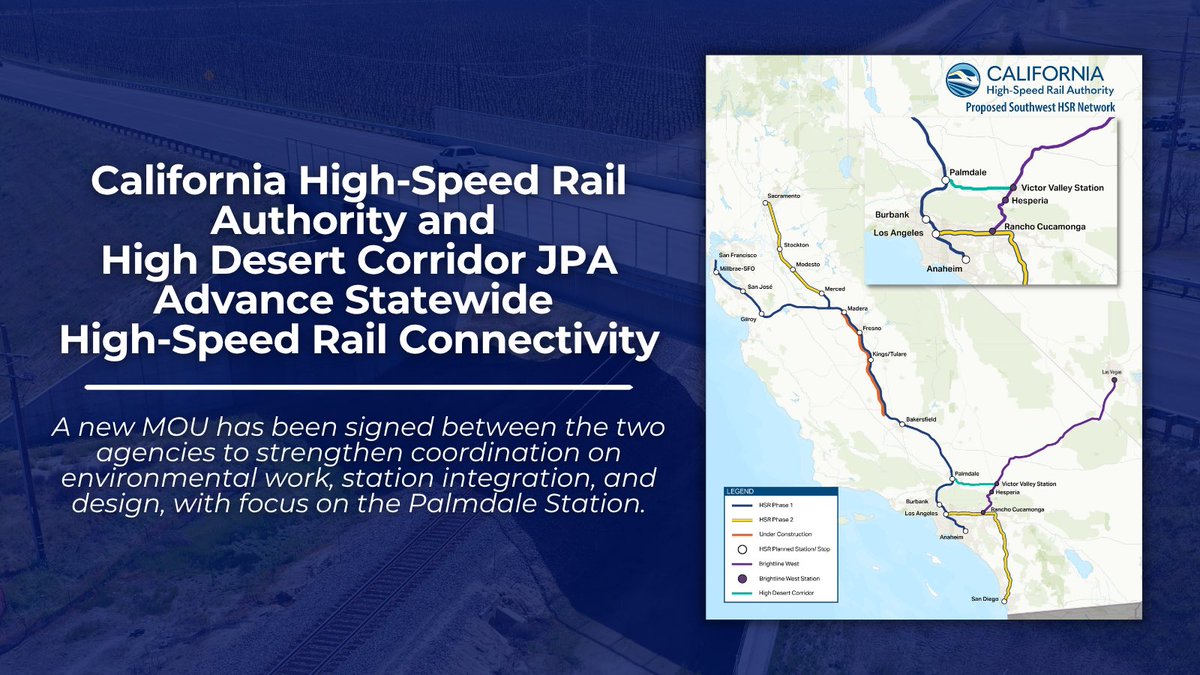CaHSRA's tweet photo. We’re proud to announce the signing of a new Memorandum of Understanding with the High Desert Corridor Joint Powers Agency that deepens coordination on environmental clearances, station integration, &amp; design, particularly at the Palmdale Station.
 
More: https://t.co/cZp2r3xxox https://t.co/y9A81Y8k9H