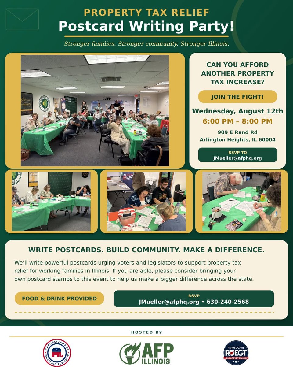 afpillinois's tweet photo. Can you afford another property tax increase? Join the fight! We'll write powerful postcards urging voters and legislatures to support property tax relief for working families in https://t.co/u7SbSypSbY &amp; Drink provided.

RSVP Here: https://t.co/aWldxNxNOi... https://t.co/n9y6BkGD8i