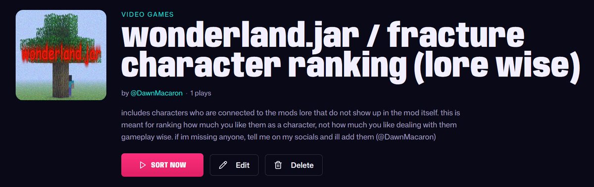 DawnMacaron's tweet photo. made a #wonderlandjar sorter!!!

character ranking (lore / personality wise) -> https://t.co/pXW9jDupmx
character ranking (gameplay wise) -> https://t.co/5DTy1AsFwT
dimension ranking -> https://t.co/XJt81ILXxl https://t.co/D4rdUydPVs