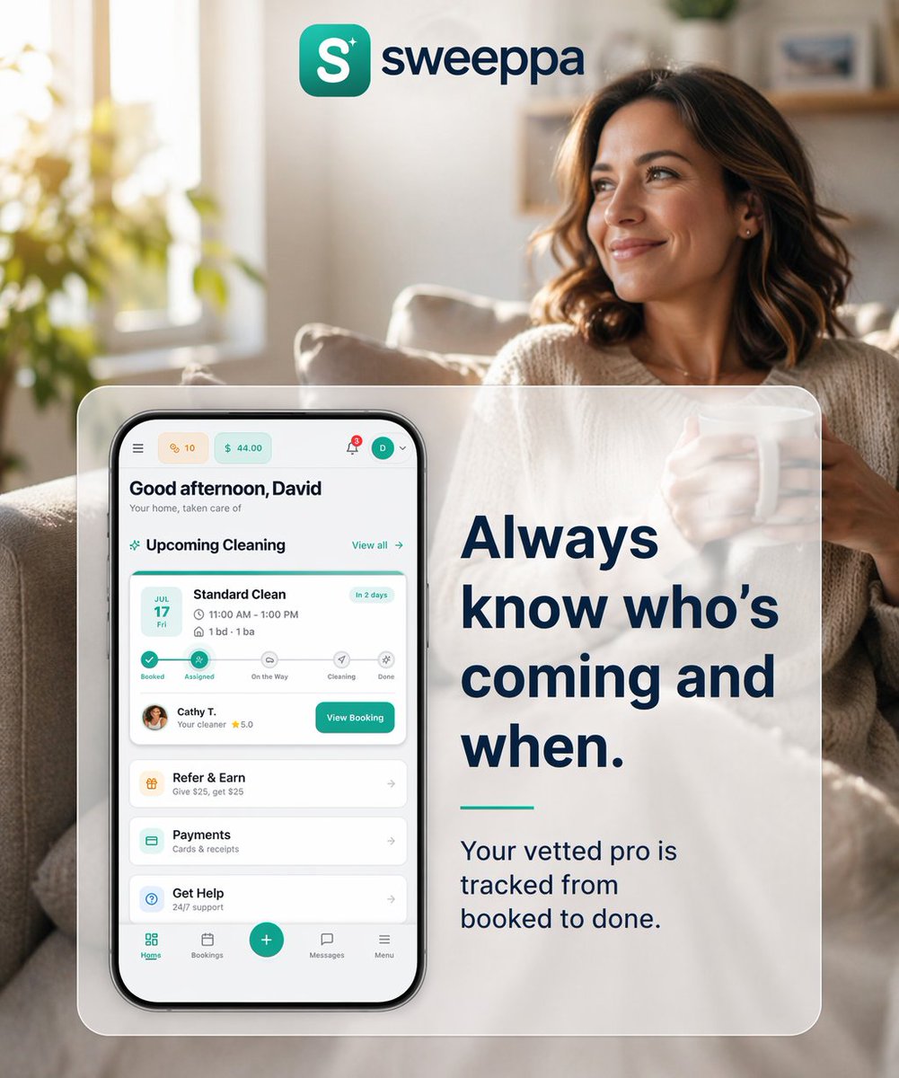 Sweeppahq's tweet photo. Always know exactly who's coming to clean your home, and track them from booked to done. Vetted, background-checked pros.
https://t.co/TNLbsntTfr
#Sweeppa #CleaningServices #trending https://t.co/jEotXbjKGx
