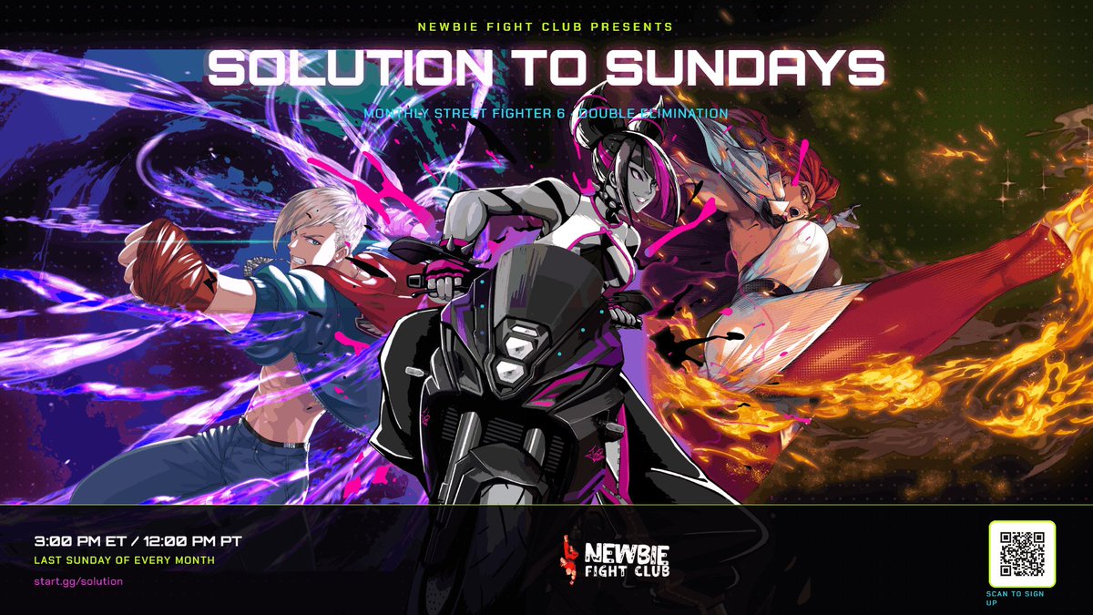 NewbieFightClub's tweet photo. Hey you! You bored on Sundays? Wanna play some SF6?

The Newbie Fight Club's SOLUTION TO SUNDAY mostly-casual monthly double-elim is coming up this Sunday!

🗓️July 26, 2026
🕒3PM ET / 12 PM PT

Sign-up here: https://t.co/WyLVQuXJdE
Commentators: @Phoxx_3D and @combodropinski https://t.co/TDH5MCZYf3