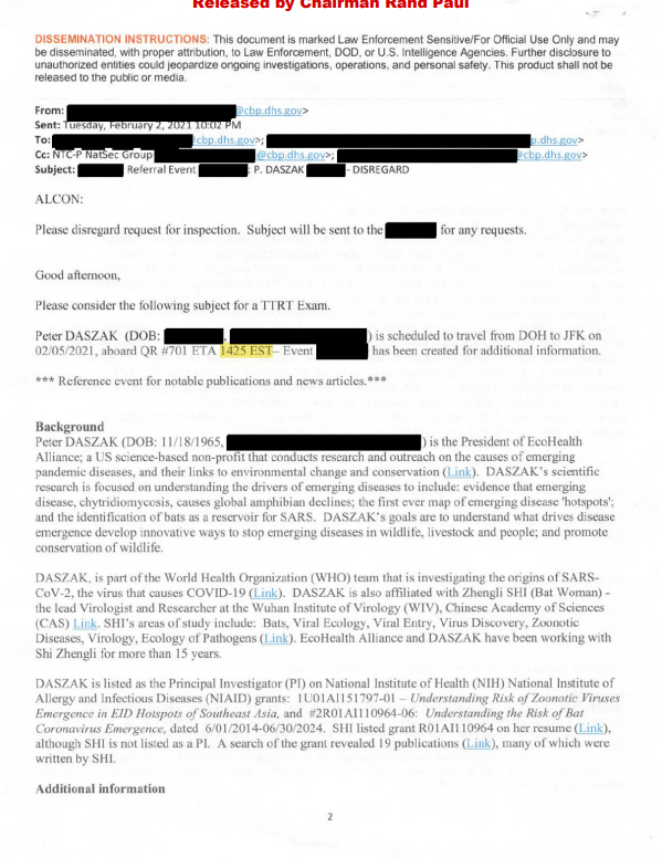 JeffereyJaxen's tweet photo. 🚨BREAKING: FBI Protected EcoHealth's Peter Daszak in 2021

In February 2021, officials at the U.S. Customs and Border Protection (CBP) National Targeting Center prepared to question and search Peter Daszak of EcoHealth Alliance upon arrival at JFK airport from China after participating in the World Health Organization's (WHO) investigation into the origins of COVID-19. 
The referral cited Daszak's longstanding collaboration with the Wuhan Institute of Virology (WIV), his extensive federal grants and contracts, and the assessment that "much of the funding DASZAK receives is put towards gain of function research." Officials planned to question Daszak about the WHO mission, his communications with WIV personnel, his prior travel, and whether he transported biological samples from China. 
According to the documents, the interview and inspection did not occur due to a request from the Federal Bureau of Investigation (FBI) that CBP not stop Daszak.
https://t.co/sReVQLPwTj