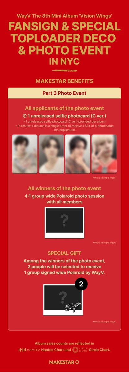 MAKESTAR_GLOBAL's tweet photo. WayV The 8th Mini Album 'Vision Wings' FANSIGN & SPECIAL TOPLOADER DECO & PHOTO EVENT IN NYC
📅Event Date: 2026.08.01 (Sat) 17:00~ (ET)
⏰Application Period: 2026.07.21 (Tue) 10:00 KST / 2026.07.20 (Mon) 21:00 ET
~ 2026.07.25 (Sat) 12:59 KST / 2026.07.24 (Fri) 23:59 ET
📝Part 1 Face-to-face Fansign Event
- Applicant Benefits - Unreleased selfie photocard *A ver.
👉Total Winners - 30 signing winners + 50 viewing winners (80 in total)
💖 Part 2 Special Toploader Decorating Event
- Applicant Benefits - Unreleased selfie photocard *B ver.
👉Total Winners - 8 winners per member (32 in total)
📸 Part 3 Photo Event
- Applicant Benefits - Unreleased selfie photocard *C ver.
👉Total Winners - 20 winners
🔗https://t.co/AV2U5Gtn1C
#WayV #MAKESTAR
#MAKESTAR_WayV_Fansign_In_NYC