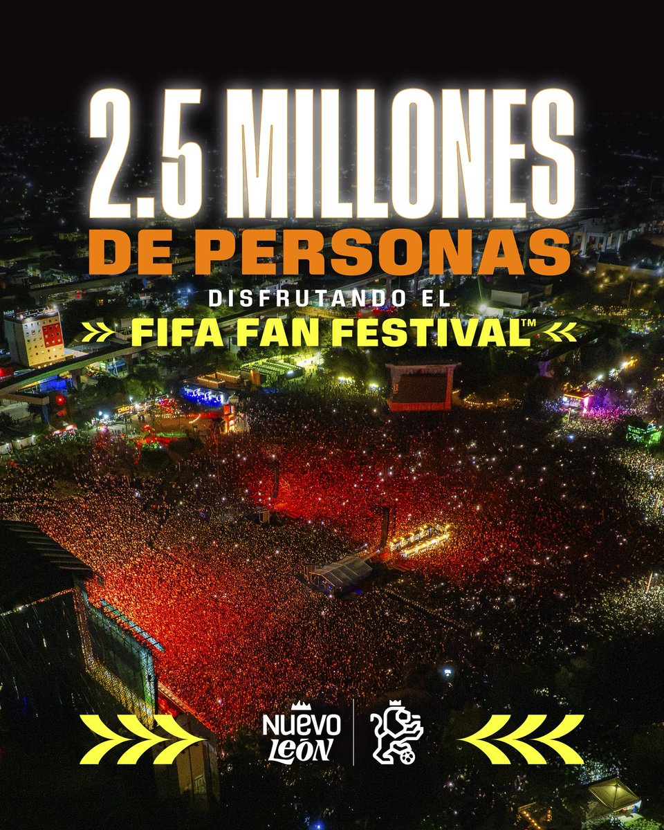 samuel_garcias's tweet photo. 2.5 MILLONES DE PERSONAS de Nuevo León y de todas partes del mundo se dieron cita en estos 40 DÍAS para vivir con todo el mejor FIFA Fan Festival™. 

Tuvimos los mejores shows con artistas internacionales, nacionales y neoleoneses, la mejor porra durante los partidos de la selección mexicana. Y lo mejor, TODO COMPLETAMENTE GRATIS. 

Gracias, gracias, ¡GRACIAS! Por mostrar la mejor versión de Nuevo León ante el mundo y ser parte de esta fiesta mundialista en la sede más norteña. ¡Ánimo! 🦁👊🏻