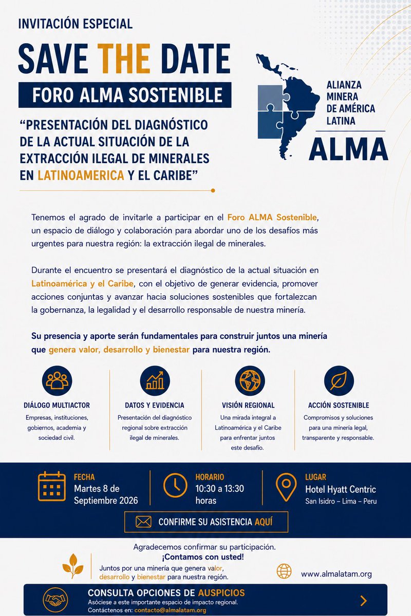 almalatam's tweet photo. Te invitamos a ser parte del Foro ALMA Sostenible, donde presentaremos el diagnóstico sobre la situación actual de la extracción ilegal de minerales en Latinoamérica y el Caribe, junto a líderes del sector público, privado, academia y organismos internacionales.

#ALMA https://t.co/GGvsZLIhTR