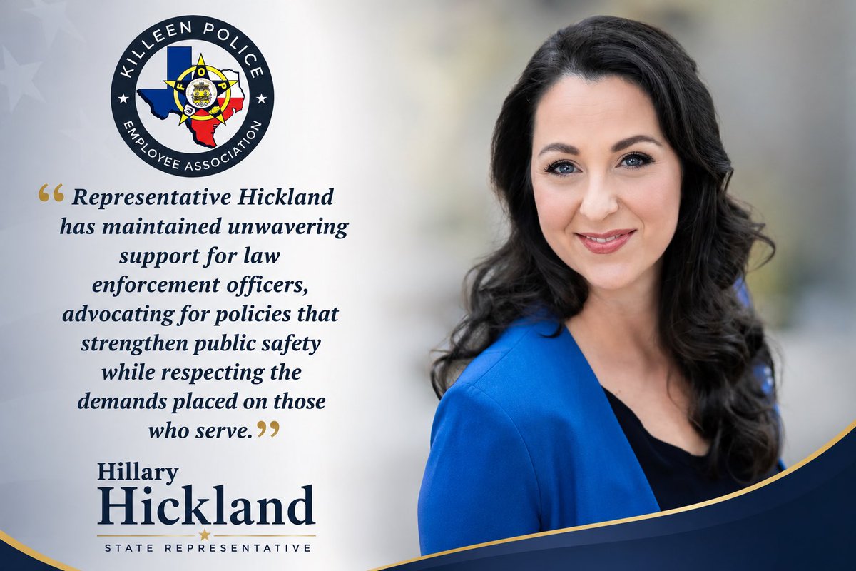 HicklandHillary's tweet photo. I’m honored to receive the endorsement of the Killeen Police Employee Association.
Thank you for your trust and support. I’m proud to stand with those who protect and serve.
#BackTheBlue #TXHD55 #KeepTexasSafe #HHfor55 https://t.co/McDAryA7iJ