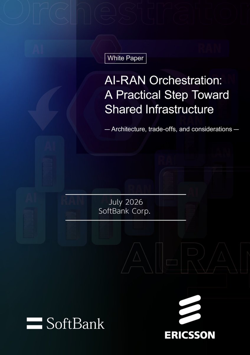 SoftBank_RandD's tweet photo. AI-driven applications are changing what networks need to deliver.

Lower latency. Higher uplink capacity. Orchestration across radio, transport, and compute.

Our white paper examines how RAN and AI can coexist within a shared architectural framework — and what network capabilities are required to support emerging AI-driven use cases.

It also presents a concrete orchestration use case jointly developed by SoftBank Corp. and Ericsson.

Learn more : 
https://t.co/oo2ph0tVRT

#AIRAN #AITRAS #WhitePaper #SoftBank #ソフトバンク