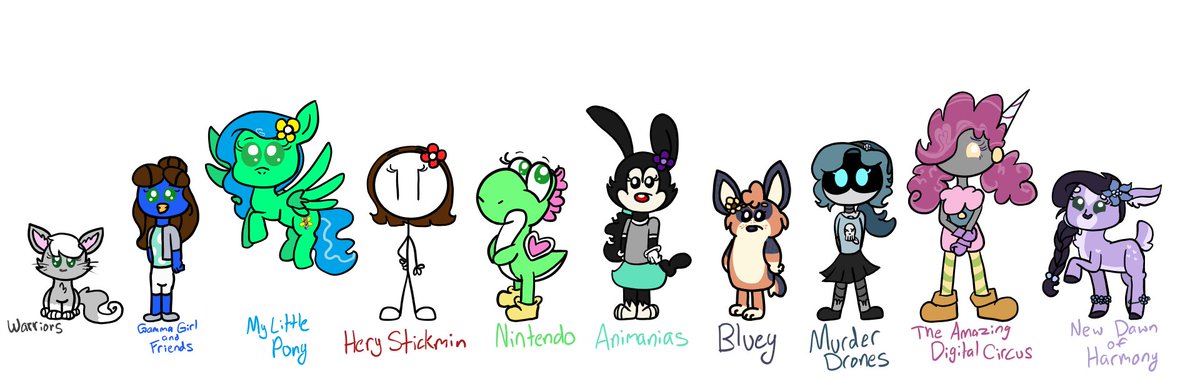 Ashlieh_AJC's tweet photo. These are all my lil babies. Across the fandoms 💙
#mylittlepony #warriorcatsart #henrystickmin #nintendo #animaniacs #bluey #murderdrones #TheAmazingDigitalCircus #NDOH #gammagirlandfriends https://t.co/OB5Au3dnhH