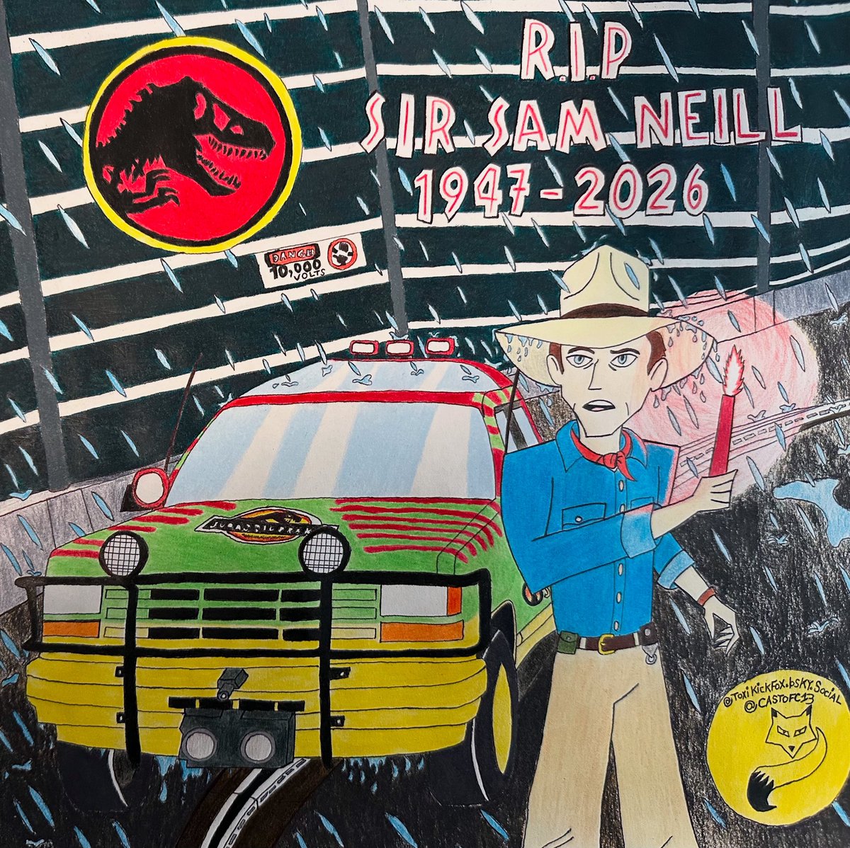 CastOfC13's tweet photo. 7 days ago hearing the sad news this morning of Sam Neill’s passing right on my birthday I cried &amp; my heart goes out to him and his family I drew this fan art to honor him &amp; Jurassic Park is one of my all-time favorite movies from my childhood
 #jurassicpark #samneill #AlanGrant https://t.co/U0fseVY42g