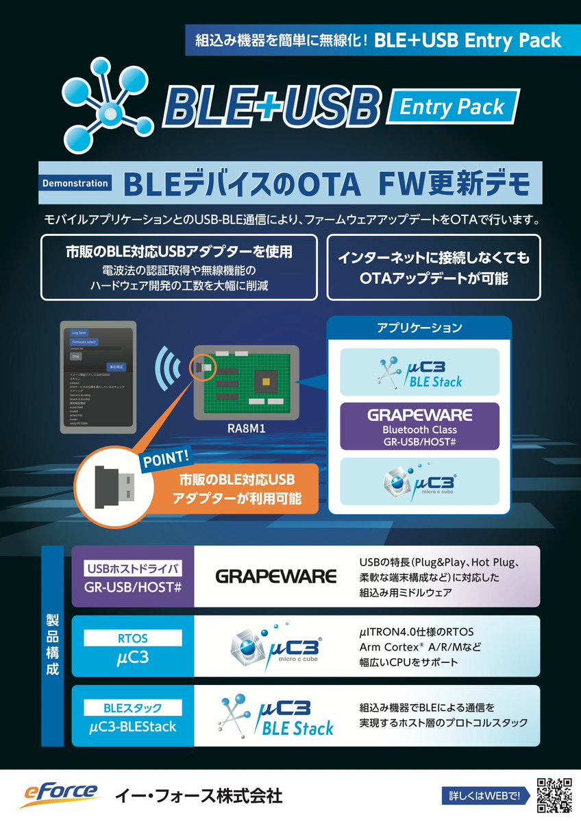 eForceofficial's tweet photo. ＼BLEデバイスのOTA FW更新を実演／

「EdgeTech+ West 2026」にて、
RA8M1評価ボードと
市販のBLE対応USBアダプターを用いた
「BLE＋USB Entry Pack」デモを展示します📡

モバイルアプリとのUSB-BLE通信で、
BLE非対応機器もOTAでFW更新🔄

インターネット接続なしでもOTA更新が可能です💡

#eForce https://t.co/hvDaUSMyXe