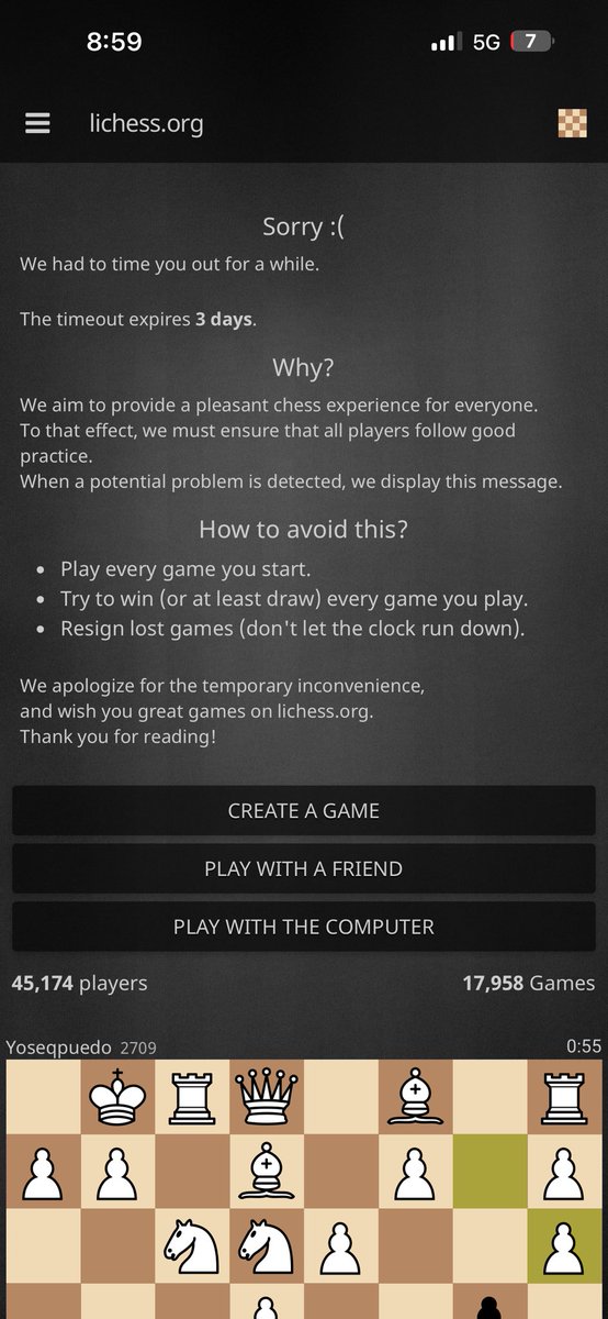 ckamku's tweet photo. I started online chess via the @lichess app in January, since then the Lichess app has messaged me 10 times to accuse me of cheating/boosting. At least this time they only locked me out for 3 days (typ 4), but idk anyone else who’s been locked out in general &amp; I just wann play🥲 https://t.co/h0OAuC48Xn