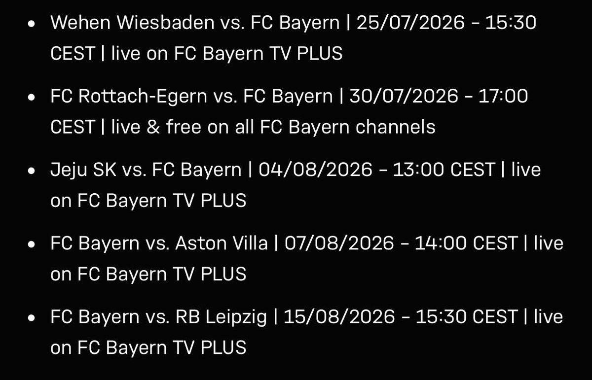 MiaSanTV_FCB's tweet photo. ⚠️プレシーズンマッチ情報
・Rottach戦のみ YouTubeで無料

・残りはTV Plusで有料

※相手チームのYouTubeで配信があれば、無料で見れる https://t.co/vmwOldnhDu