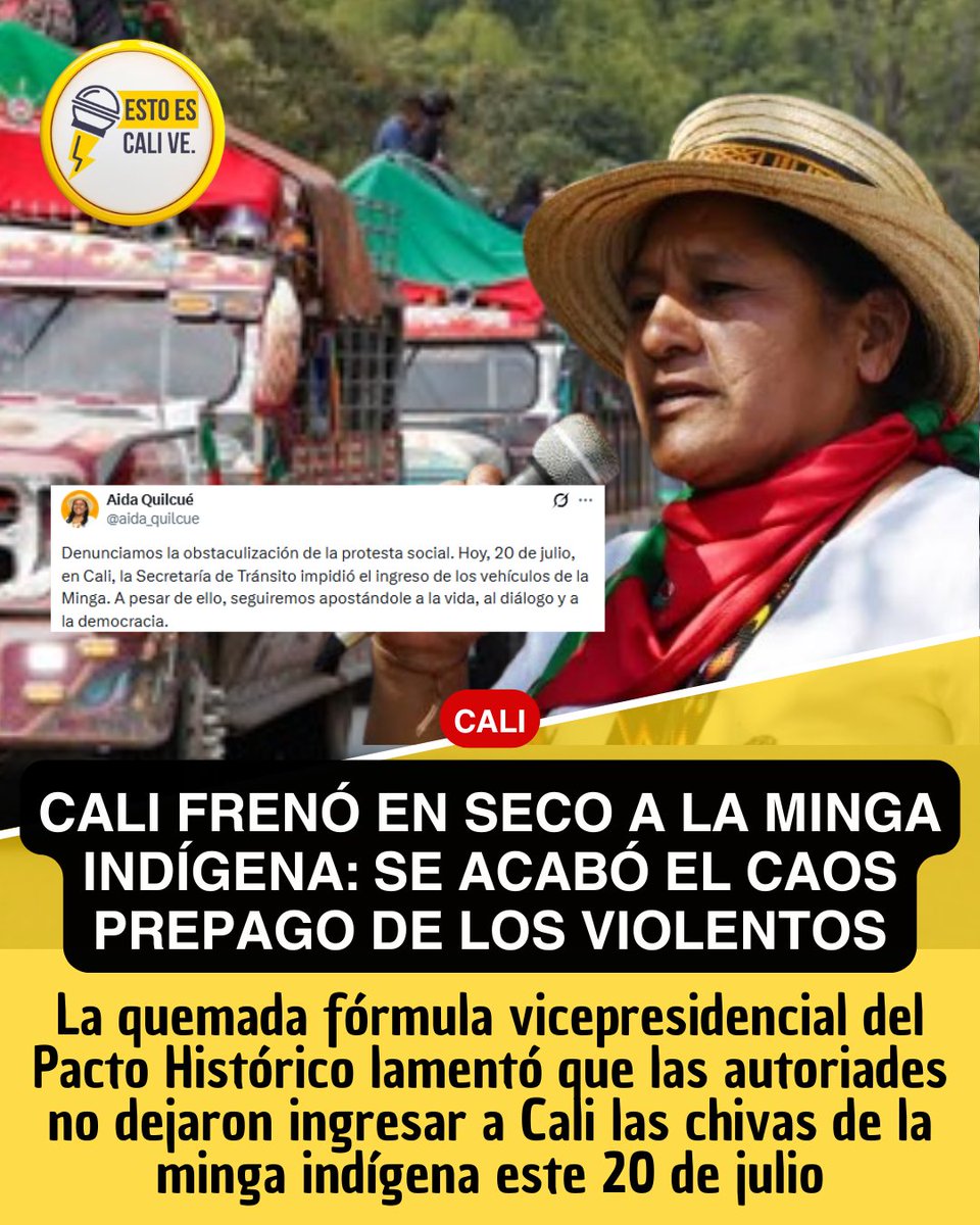 estoescali_'s tweet photo. #CALI: La fuerza pública se puso firme por la patria en Cali este lunes 20 de julio e impidió el ingreso a la ciudad de numerosas chivas de la Minga Indígena del Cauca, que venían a la ciudad para realizar una "protesta" con cientos de integrantes indígenas, en medio de la conmemoración de la independencia de Colombia.

La representante y quemada fórmula vicepresidencial de Iván Cepeda y el Pacto Histórico, Aída Quilcué, confesó en su trino que estas chivas venían a Cali con intención de bloquear la ciudad: "Denunciamos la obstaculización de la protesta social", dijo.

Esta férrea posición de agentes de movilidad y el respaldo de la Policía y el Ejército, marca el inicio de una disposición de la ciudad en contra de los bloqueos, el vandalismo y la violencia política disfrazada a través de marchas.

¿Qué opinas?
