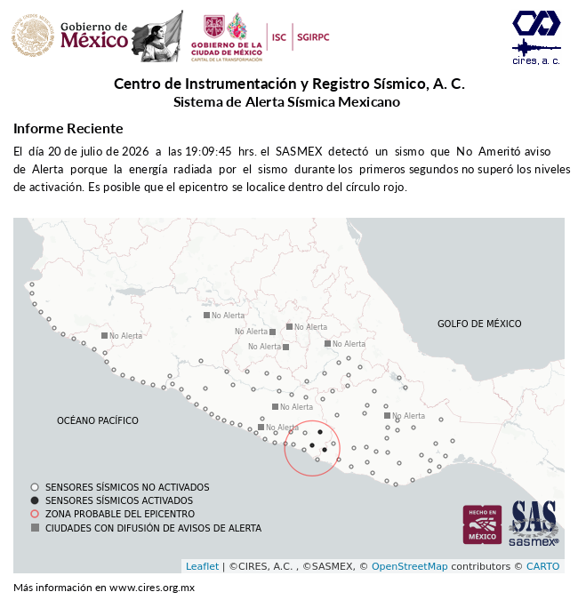 SASMEX's tweet photo. Informe preliminar del #Sismo detectado el 20-jul-26 a las 19:09:45 hrs. #TenemosSismo #LaPrevenciónEsNuestraFuerza https://t.co/cILIaUTtra