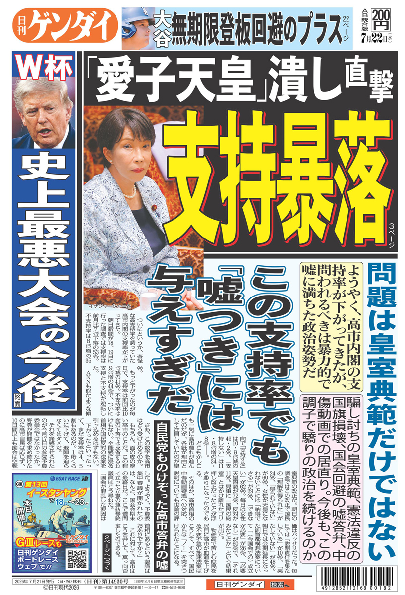 nikkan_gendai's tweet photo. ようやく、高市内閣の支持率が下がってきたが、 問われるべきは暴力的で嘘に満ちた政治姿勢だ。騙し討ちの皇室典範、憲法違反の国旗損壊、国会回避の嘘答弁、中傷動画での居直り。今後も、この調子で驕りの政治を続けるのか。