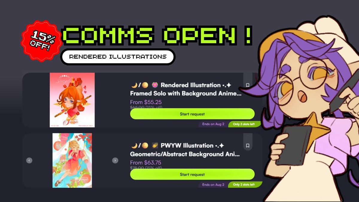 SaisMaah's tweet photo. COMMS OPEN !
Slots: 1/6 
˚꩜｡ 🌟🐰₊⊹
Likes and RTs are appreciated ! 

Really need more samples so theyre 15% OFF !

Vgen in comments ✨
#vgen #comms #artmoots #arttwt https://t.co/4BxOvXX9uW