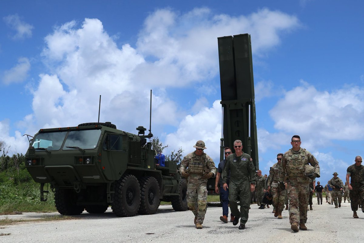 USPACOM's tweet photo. Adm. Samuel J. Paparo, Commander of U.S. Pacific Command observed training being conducted with the Dark Eagle Long Range Hypersonic Weapon and recognized the accomplishments of soldiers assigned to 7th Infantry Division (Multi-Domain Command - Pacific) during exercise Valiant Shield, June 2026. Exercises like VALIANT SHIELD allow Pacific Command Joint Forces the opportunity to integrate forces from all branches of service and with our allies to conduct precise, lethal, and overwhelming multi-axis, multi-domain effects that demonstrate the strength and versatility of the joint force and our commitment to a free and open Indo-Pacific.(U.S. Army photo by Staff Sgt. Brandon Rickert)