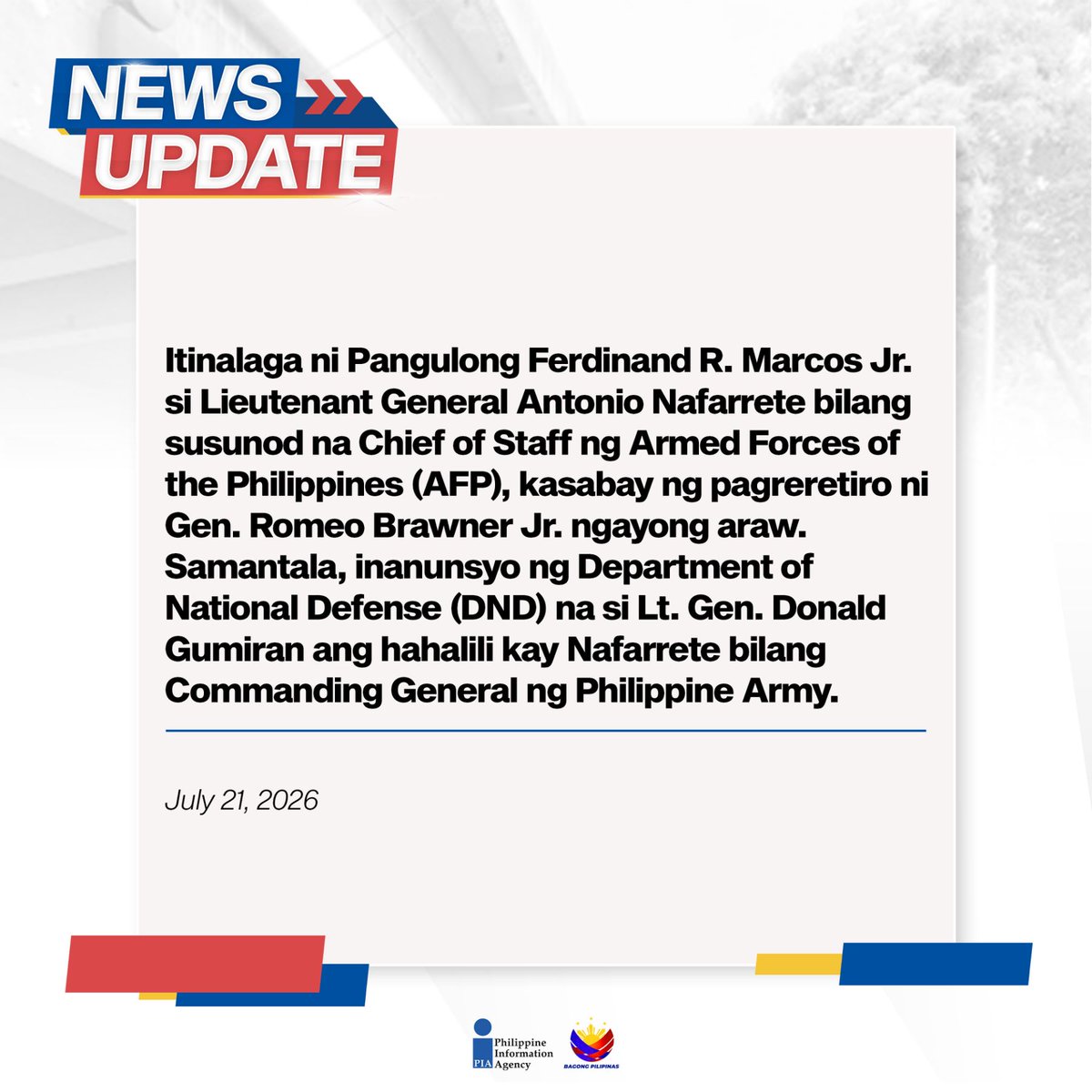 PIADesk's tweet photo. Sa ilalim ng pamumuno ni Pangulong @bongbongmarcos, patuloy na pinatatag ng administrasyon ang pamunuan ng @TeamAFP upang higit pang mapaigting ang pambansang seguridad, propesyonalismo, at pagpapatuloy ng epektibong serbisyo sa sambayanang Pilipino.
#BagongPilipinas #ISM https://t.co/UCfFnUbzuQ