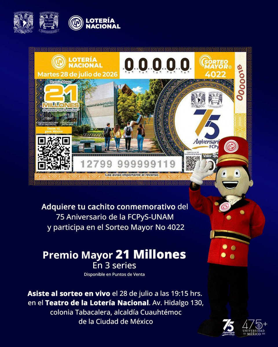 UNAM_FCPyS's tweet photo. 🎉 Conmemora el 75 Aniversario de la FCPyS con esta edición especial de la @lotenal y participa en el Sorteo Mayor No. 4022.

🍀 Además de conservar un recuerdo histórico, podrás participar por el Premio Mayor de 21 millones de pesos. 

#75AniversarioFCPyS #OrgulloUNAM https://t.co/mSCvsoCtmb