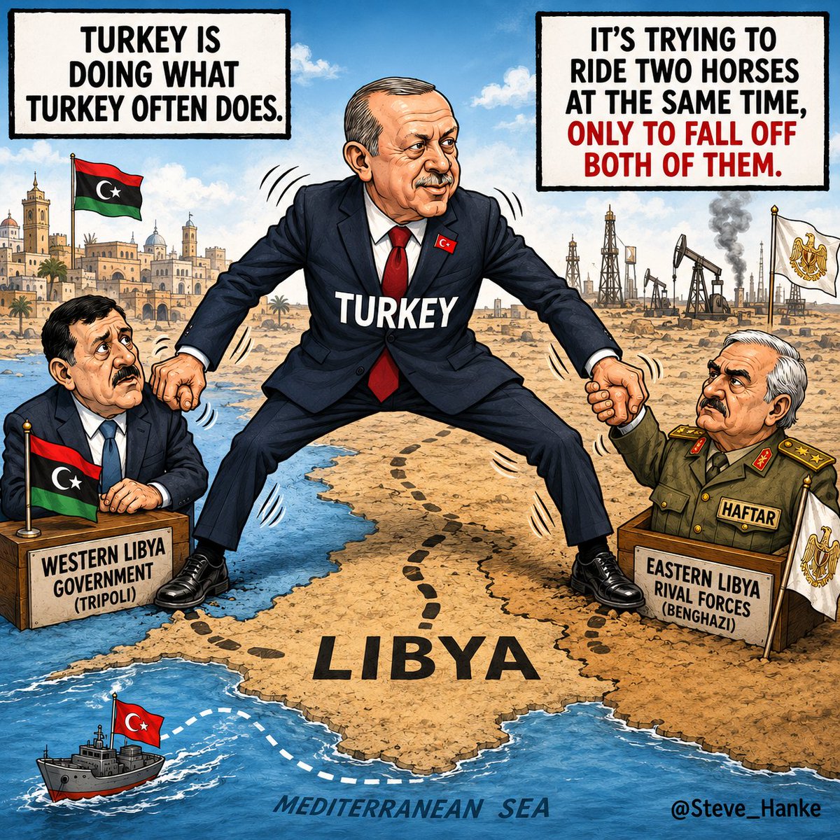 steve_hanke's tweet photo. #TurkeyWatch🇹🇷: Turkey has traditionally backed Libya’s government in Tripoli.

Now, Turkey is getting in bed with Khalifa Haftar’s rival forces in Benghazi.

TURKEY IS DOING WHAT TURKEY OFTEN DOES. IT'S TRYING TO RIDE TWO HORSES AT THE SAME TIME, ONLY TO FALL OFF BOTH OF THEM. https://t.co/u69NvI98aJ