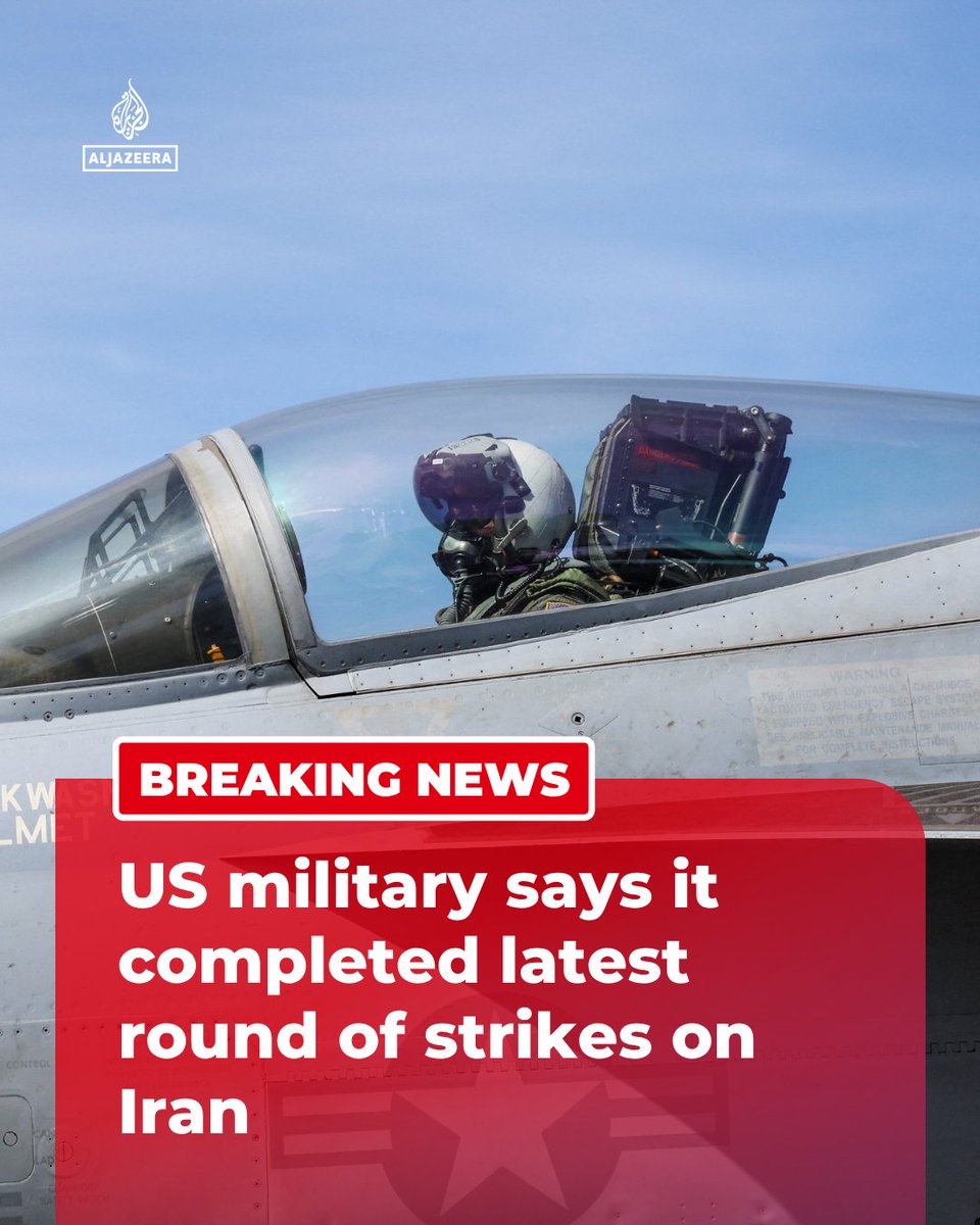 AJENews's tweet photo. BREAKING: The US military says it has completed its latest round of strikes on Iran, targeting military command centres, maritime capabilities, missile and drone launch sites, and air defence systems.

🔴 More on https://t.co/5H0QqpfIYw https://t.co/adrz7Pte5V