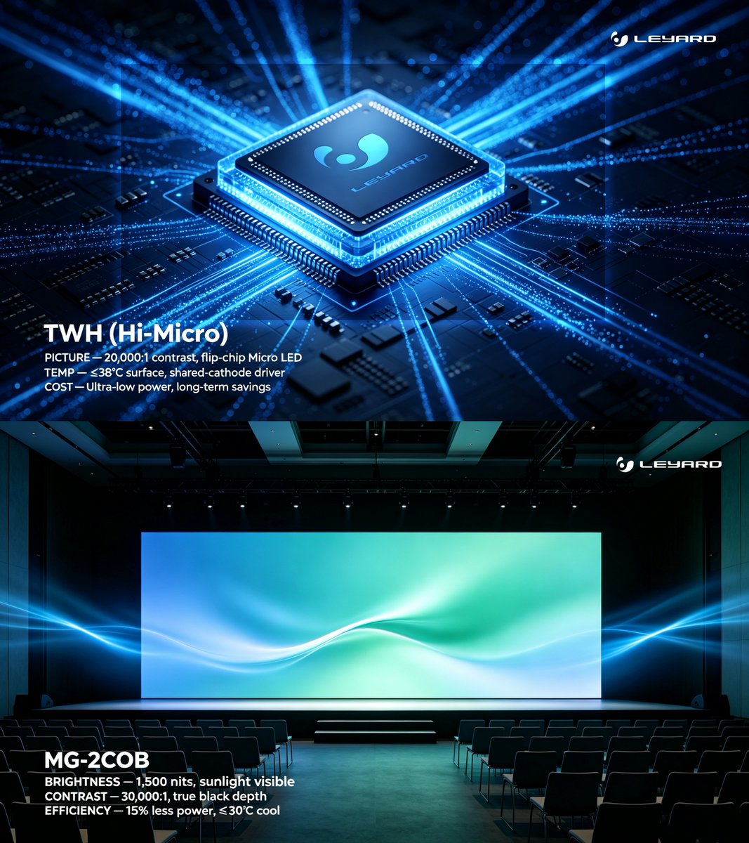 Leyard_int's tweet photo. 🔥 10,000 nits. ❄️ Sub‑38°C screen.
Leyard proves you don't have to choose between brilliance and the planet. Smart dimming, shared‑cathode cooling, and 15% less power — all in one sustainable display lineup. 🌱
#EcoDisplay #Leyard #MicroLED #EnergySmart https://t.co/TT58duhsvm