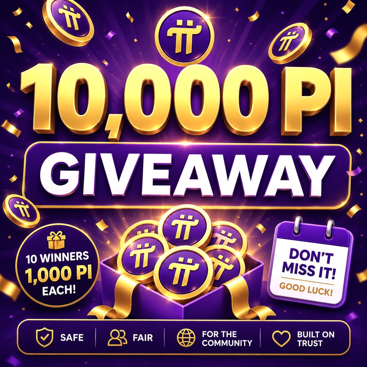 DanielCarter_Pi's tweet photo. 🎉 10,000 PI Giveaway! 🎉 Distribution after 48 hours⏰ Today, I’m giving away 10,000 PI to 10 lucky winners! 🚀

How to join:
✅ Follow @DanielCarter_Pi 
✅ Like + Share this post 
✅ Comment your PI address

🎁 Reward: 1,000 PI for each winner (10 winners total)

⏰ Winners will be announced soon. Good luck to everyone! 🍀