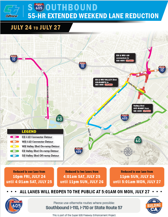 CaltransDist7's tweet photo. 🚧 55-HOUR LANE REDUCTIONS ON SB I-605 THIS WEEKEND ‼️

El Monte: Southbound I-605 will have lane reductions from Valley Boulevard to State Route 60 from 10PM Friday 7/24 to 5AM Monday 7/27. Details 👇

https://t.co/cxZ0jW7S5n https://t.co/2lhEwSfgM7
