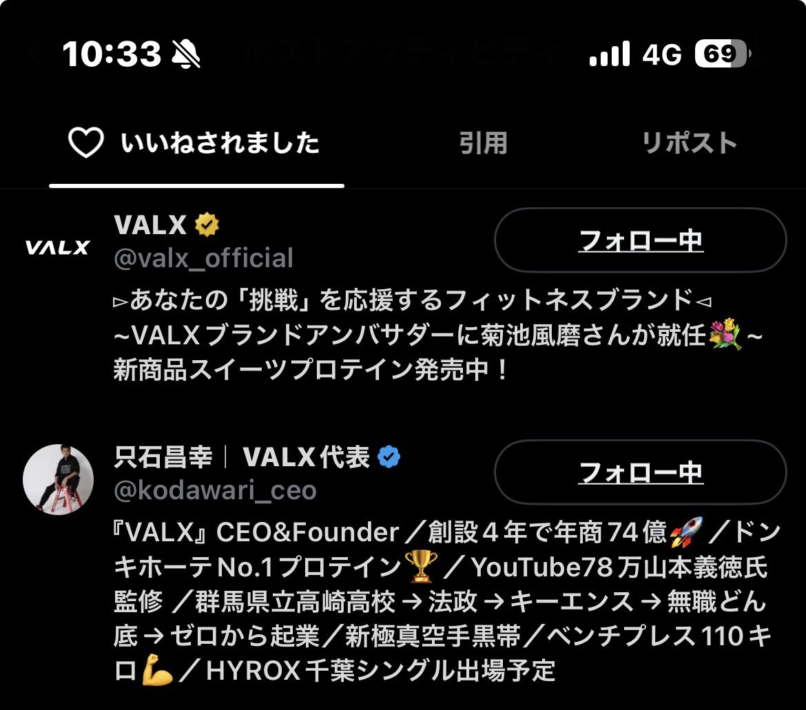 MOSA01051829's tweet photo. オフィシャルと代表からいいねもらったー！！！
嬉しすぎるー！

VALXうんまいよー

只石さんキーエンス出身なんだ

只石昌幸氏のプロフィール
経歴: 群馬県出身。法政大学経営学部卒業後、株式会社キーエンスに入社。マーケティング戦略を学んだ後、2006年にウェブ制作会社レバレッジを設立し、代表取締役CEOに就任

VALXの誕生:
2019年に筋トレ界のレジェンドとして知られる山本義徳（やまもと よしのり）氏を監修に迎え、フィットネスブランド「VALX」を立ち上げ。徹底したSNSマーケティングと高品質な製品展開で、瞬く間にトップブランドへと成長