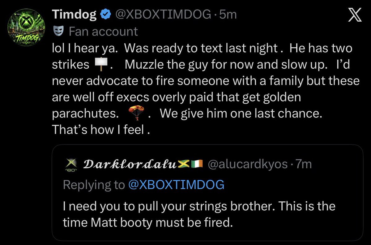 TheRedDragon's tweet photo. Tim pup says he’d never advocate to fire someone with a family…actin like he can send a text and make it happen…

he’s literally been saying fire him 🤡 Asha not writing back

Why he need to send a text? didn’t he say Xbox follows his ramblings of a mad man?

All they do is LIE https://t.co/UXnQyWXOHC