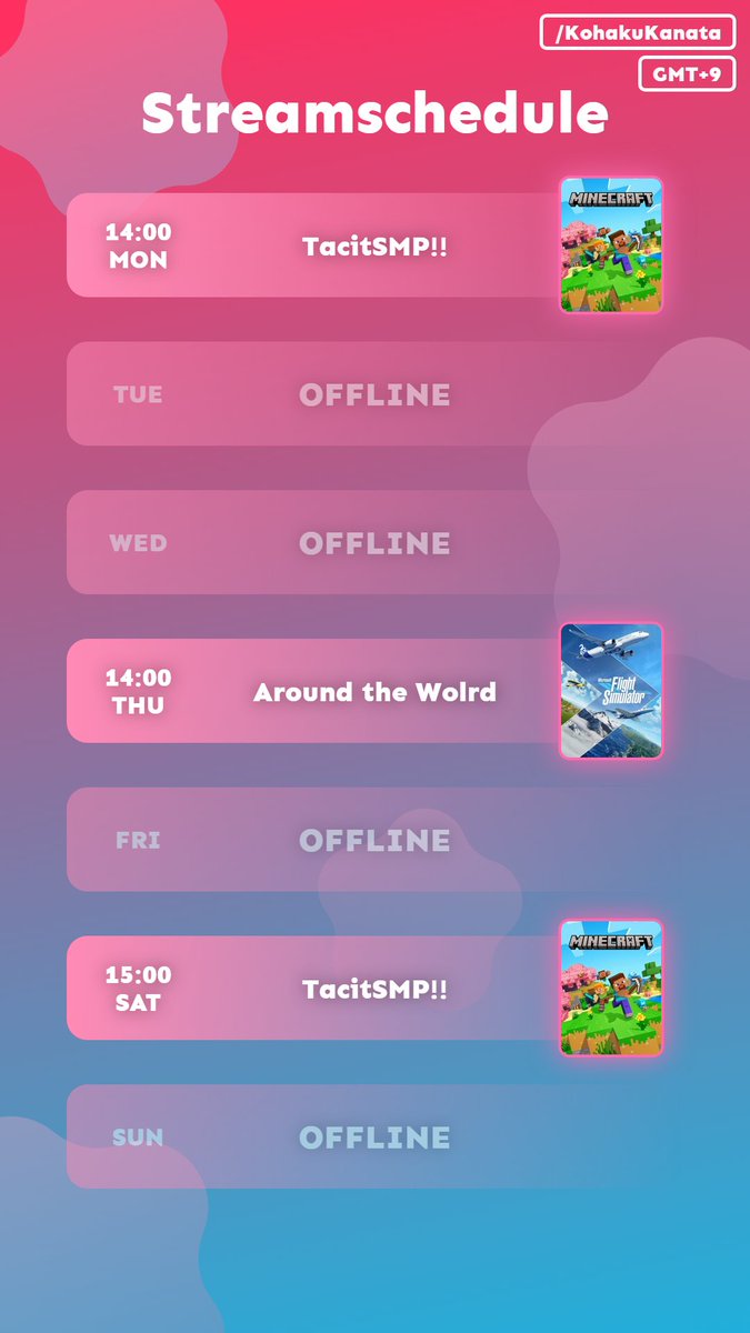 Kohaku__Kanata's tweet photo. This week we got Microsoft Flight Simulator on Thursday and TacitSMP on Saturday! This time didnt include videos cause uh genesis blue is a problem again :shrug:
#vtuber #ENVtuber #streamschedule #schedule #TacitSMP #msfs2020 #aroundtheworld https://t.co/RIMk7JcNcD