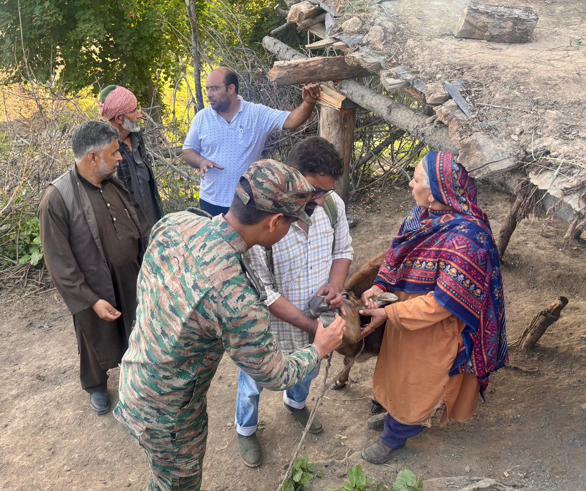 IndianArmyinJK's tweet photo. Serving where roads end & hope begins! 🇮🇳 

The #IndianArmy & Animal Husbandry Dept. delivered vital mobile veterinary care to cattle, horses, sheep & goats in the remote Dhoks of #KeranBowl. 
Hands-on treatment + disease prevention awareness for far-flung herder communities at 12,500+ ft.  
True outreach in action! 

Indian Army is committed to such initiatives across J&K and Ladakh: regular medical-veterinary camps under Operation Sadbhavana that reach high-altitude, border, and migratory herder areas (Gujjar-Bakarwal communities) where civilian services are scarce. Similar efforts in Lolab, Rajouri, Pulwama, and Ladakh have treated thousands of animals while building trust with locals. 
The Army's Remount & Veterinary Corps plays a key role in these humanitarian missions.

#JaiHind #OperationSadbhavana #Kashmir #Ladakh #ServiceBeforeSelf #NationFirst #WeCare