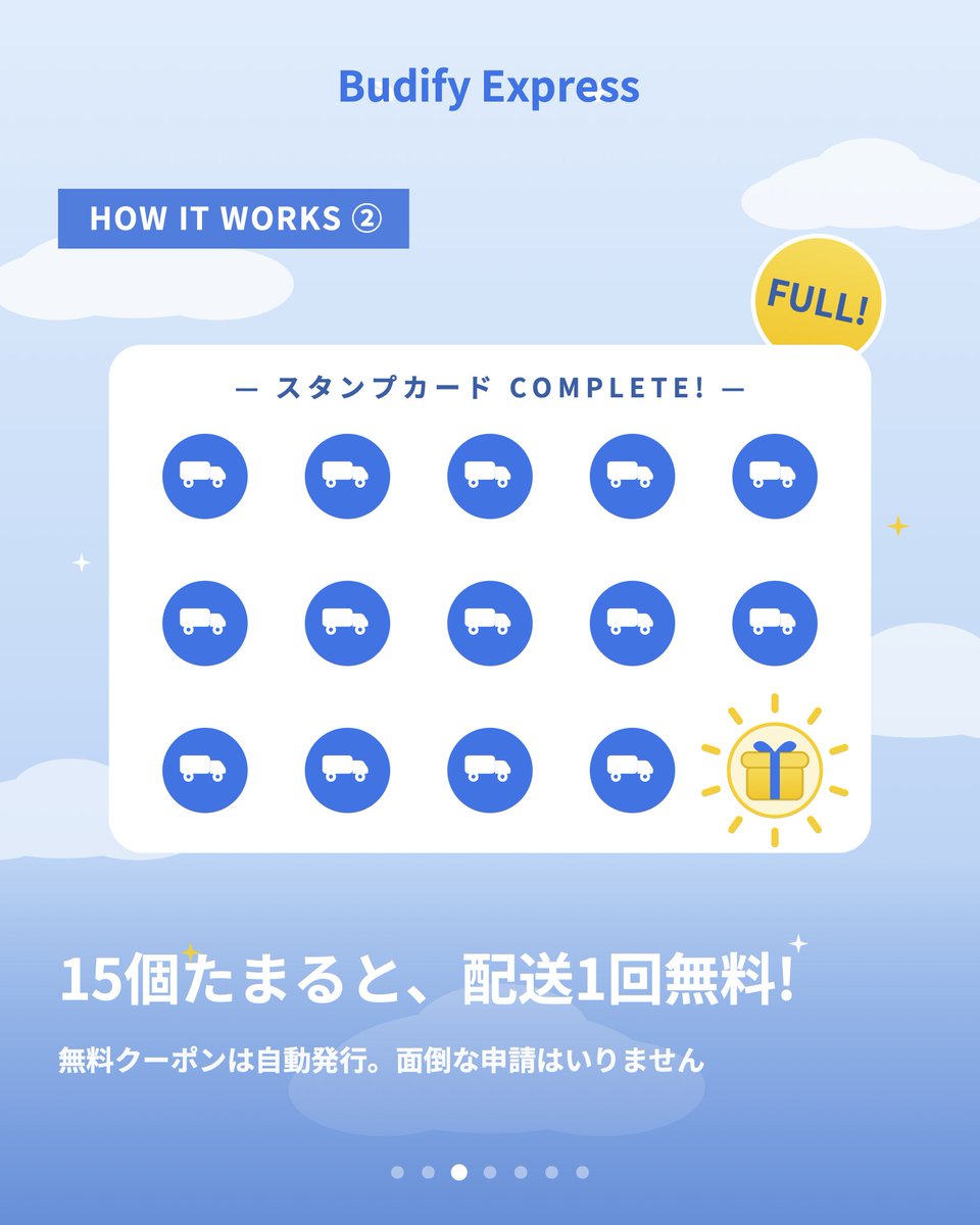 budifyexpress's tweet photo. Budify マイレージプログラム始まります！💙いつもご利用いただきありがとうございます！感謝を込めて、使えば使うほどお得になる新特典がスタート🎉

🧳 荷物配送1個＝スタンプ1個
🎁 15個たまると「配送1回無料クーポン」プレゼント！

過去のご利用分もすでに反映済み
今すぐマイページでチェック! https://t.co/4i31vPSQDW