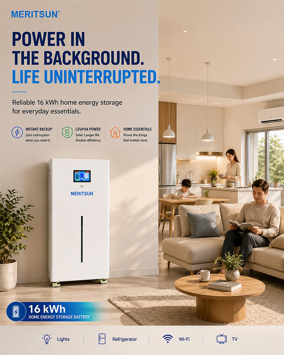 MeritsunPower's tweet photo. 16kWh is stored energy—not guaranteed backup time.
Runtime depends on usable capacity, SOC reserve, inverter losses and the load schedule. The same battery can deliver very different results in two homes.
#HomeBattery #CriticalLoads #BatterySizing #SolarStorage #LiFePO4 #MERITSUN https://t.co/XKZ3rIlgyK