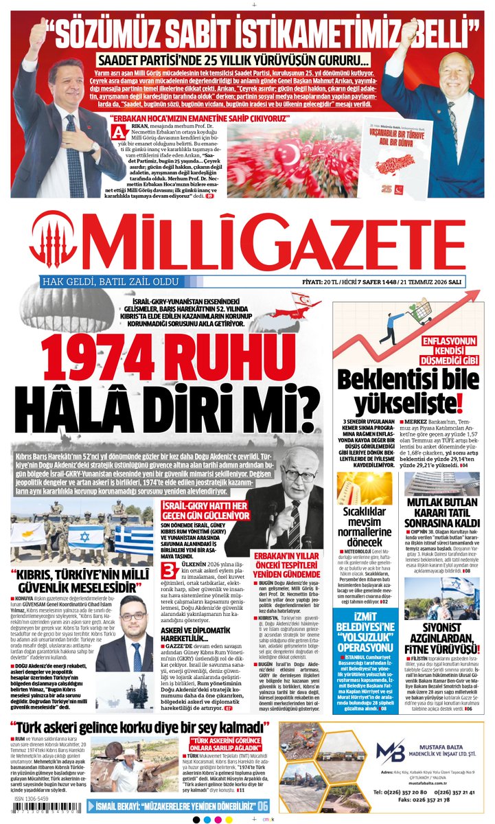 milligazetecom's tweet photo. 📌Milli Gazete'nin bugünkü birinci sayfası:

1974 ruhu hala diri mi? https://t.co/QAwlodctrG