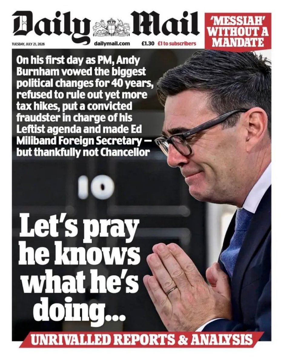 MichaelTakeMP's tweet photo. Well done The Daily Mail! 👏
Burnham must be held to account for the failures of his regime so far.
His removal of VAT from electricity bills has already come far too late &amp; could’ve been done yesterday.
If he hasn’t solved the cost of living crisis by Friday then he must go!
😡 https://t.co/rWrq5Uw777