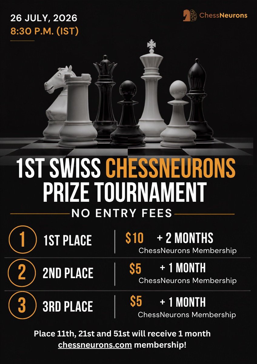 ChessNeurons's tweet photo. Only 5 Days Left π₯π₯!!
1st Swiss chessneurons Prize Tournament is here!
Join us for our upcoming Lichess Swiss Tournament and compete against fellow chess enthusiasts.
Check out comment section.
#chess #chessplayer #chesstournament #lichess https://t.co/UIw6lLDCzX