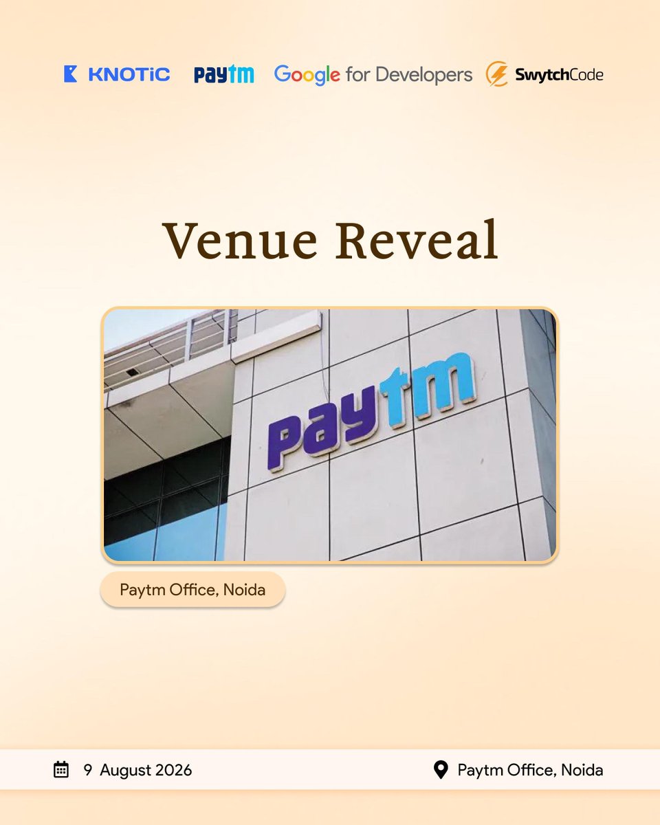 knotichq's tweet photo. 🚨 Venue Reveal! 🚨

The Build with SwytchCode Grand Finale is coming to Paytm Office, Noida! 

9 August 2026

See you for a full day of building, learning, networking, and showcasing innovative AI solutions.

#BuildWithSwytchCode #KNOTiC #AI #GoogleForDevelopers https://t.co/H6sG0KwogS