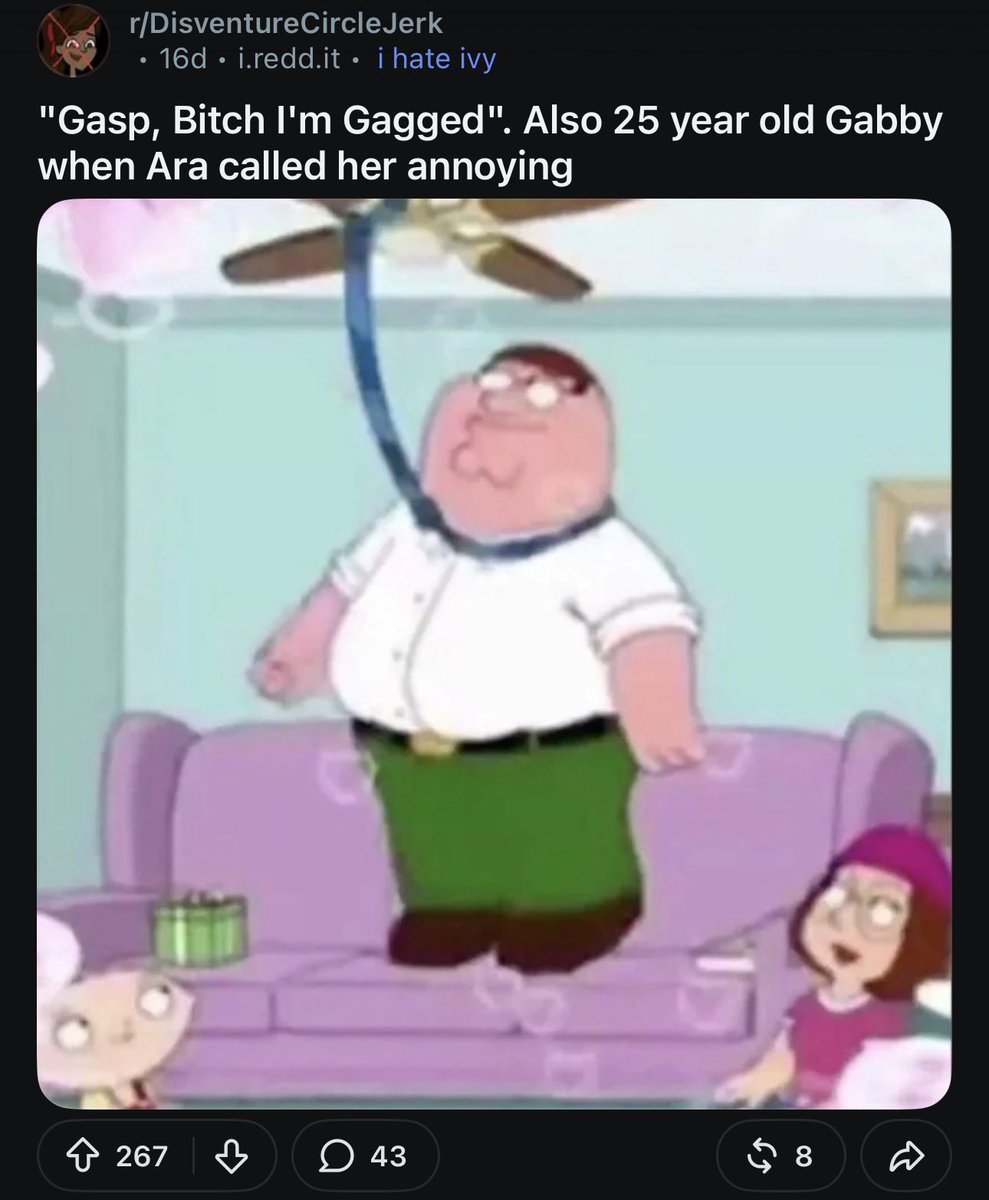 SophieM3ows's tweet photo. r/DisventureCircleJerk might be even worse.

Here are some of the “gems” users have been posting on there. From joking about lynching Gabby, to suicide jokes, to AI generated images of her eating meat. Very normal stuff! https://t.co/nijYxrAVr5