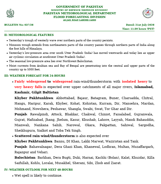 pmdgov's tweet photo. Major rivers remain within normal limits, while monsoon rains continue across upper catchments. PMD is closely monitoring rainfall and river flows and will issue timely updates as conditions evolve.
#PMD #FloodUpdate #Monsoon2026 #PakistanWeather #FloodBulletin #RiverFlows https://t.co/RVFEwZrtN6
