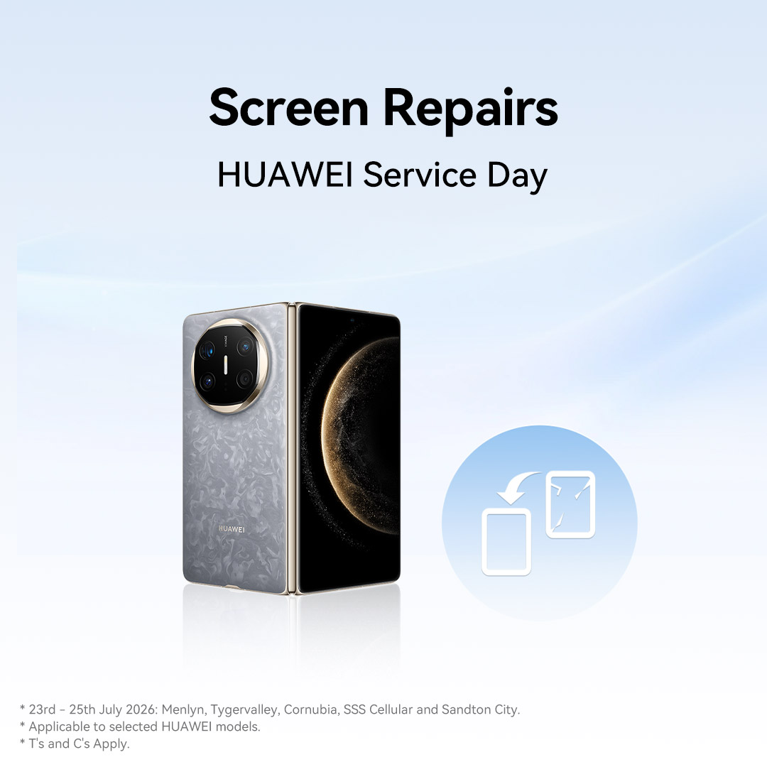 HuaweiZA's tweet photo. 📢📢Cracked screen got you down?

Let us help you out! Our expert screen repairs will have your device looking brand new.

Menlyn, Tygervalley, Cornubia, Sandton City and SSS Cellular: 23-25 July 2026

For more info: https://t.co/gHn6Zs0sb2

Only applicable to selected models
T's & C's apply