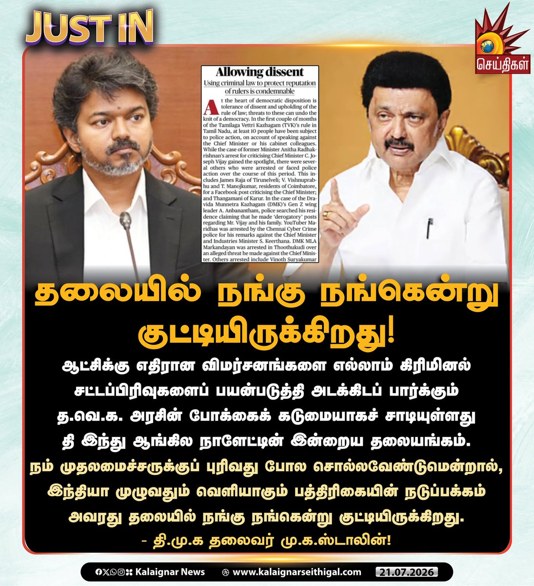 Kalaignarnews's tweet photo. தலையில் நங்கு நங்கென்று குட்டியிருக்கிறது!  

ஆட்சிக்கு எதிரான விமர்சனங்களை எல்லாம் கிரிமினல் சட்டப்பிரிவுகளைப் பயன்படுத்தி அடக்கிடப் பார்க்கும் த.வெ.க. அரசின் போக்கைக் கடுமையாகச் சாடியுள்ளது தி இந்து ஆங்கில நாளேட்டின் இன்றைய தலையங்கம். நம் முதலமைச்சருக்குப் புரிவது போல சொல்லவேண்டுமென்றால், இந்தியா முழுவதும் வெளியாகும் பத்திரிகையின் நடுப்பக்கம் அவரது தலையில் நங்கு நங்கென்று குட்டியிருக்கிறது.  

- தி.மு.க தலைவர் மு.க.ஸ்டாலின்!

#MKStalin #DMK #TVKFails #TVKVijay‌Fails #TamilNadu #Arrests #KalaignarSeithigal