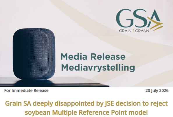 GrainSA's tweet photo. Grain SA is deeply disappointed by the JSE’s decision to discontinue the soybean Multiple Reference Point model and return to a single reference point system.
Producers cannot absorb further market inefficiencies.
Read the full statement: https://t.co/oWjuYPTJJ5
#GrainSA #Soybeans