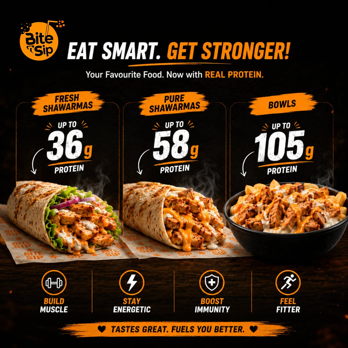 bitensipglobal's tweet photo. Fuel your cravings with real protein—up to 105g in every Bite n Sip favourite. 💪🔥
#BiteNSip #BiteNSipGlobal #ProteinPacked #HighProtein #Shawarma #ChickenBowl #HealthyEating #EatSmartGetStronger #ProteinGoals #FitnessFood #GymFood #FreshFood #Anantapur #AnantapurFood  #protein https://t.co/cjkjfvtYdL