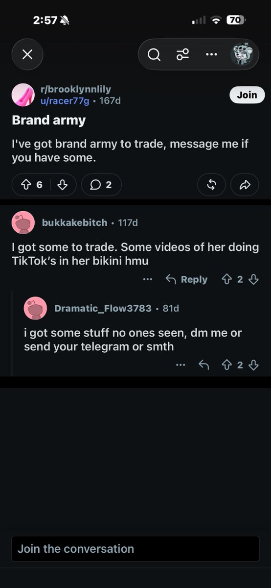 eap_95's tweet photo. @brooklynn_lily @CamiBranson I apologize this is off topic but there’s a Reddit about you the people in it are horny/ weird talking about doing trades regarding photos and videos of you, I’m trying to find a way to report the page, you should as well because these people are creeps https://t.co/UBcg5WInCk https://t.co/5mcmcSiwis