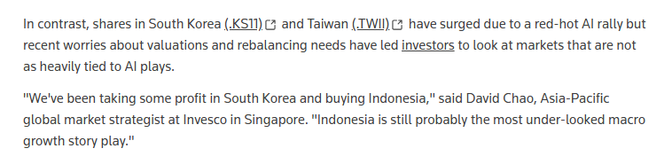 BakaBarakaStock's tweet photo. Investor mulai ambil profit dari saham AI di Korea Selatan & Taiwan, lalu rotate ke Indonesia yang valuasinya sudah sangat murah setelah anjlok dalam. Beberapa analis bilang: "Negativity sudah priced in", dan ada yang secara aktif beli Indonesia karena growth story-nya masih kuat.

Meski ada risiko MSCI review November dan kekhawatiran fiskal, banyak yang lihat peluang bargain hunting. 

#IndonesiaStocks #JCI #EmergingMarkets #AI

https://t.co/EY1SRBm7nD