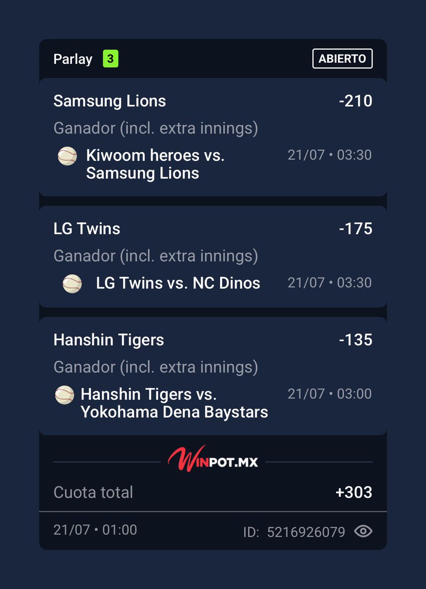 El_CaPicksBara's tweet photo. 🚨 PARLAY ARRIESGADO PA’ HOMBRES ALV 🚨
Cuota total +303 🔥
Este no es para débiles de corazón, cabrones.
Es un parlay medianamente cabrón que solo los que tienen huevos se atreven a meter:
•  Samsung Lions -210 (KBO)
•  LG Twins -175 (KBO)
•  Hanshin Tigers -135 (NPB)
Todo con extra innings.
Si pega… vamos a llorar pero de felicidad.
Si falla… ni madres, siguiente. Aquí no se vale llorar.
Esto es pa’ los que saben que el riesgo es parte del juego y aún así le entran de frente 💪
¿Quién se la rifa conmigo?
Los que ya lo metieron que levanten la mano 👇
#ParlayArriesgado #KBO #NPB #HombresAlv #WinpotMX #NoSeValeLlorar