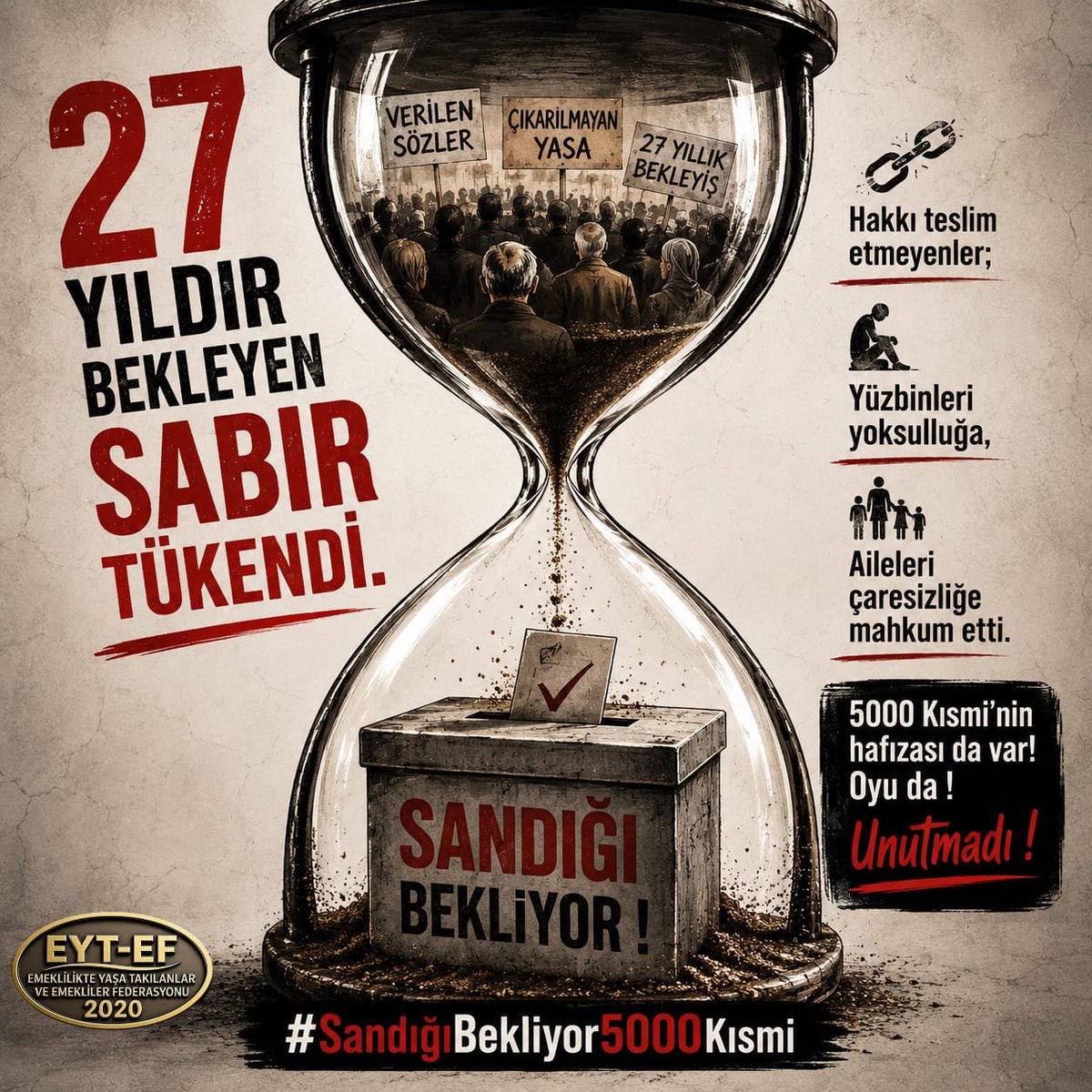 EYTLEVENTATACA1's tweet photo. 27 yıldır bekleyen Sabır tükendi
Hakkı teslim etmeyenler
Yüzbinleri yoksulluğa
Aileleri çaresizliğe mahkum etti
5000 Kısmi'nin hafızası da var
Oyu da
Unutmadı !
SANDIĞI bekliyor !

#SandığıBekliyor5000Kısmi
#SandığıBekliyorEmekli
@isikhanvedat Oğuzhan Uğur
Gülistan Doku Beşiktaş https://t.co/nUlo25hPqF