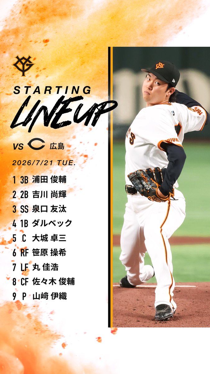 TokyoGiants's tweet photo. 【一軍】巨人 vs 広島
東京ドーム🏟️
18時試合開始⚾️

本日のスタメン！

GIANTS TVでLIVE配信📺
https://t.co/QR30aqxCBF https://t.co/7JhruhcsUv
