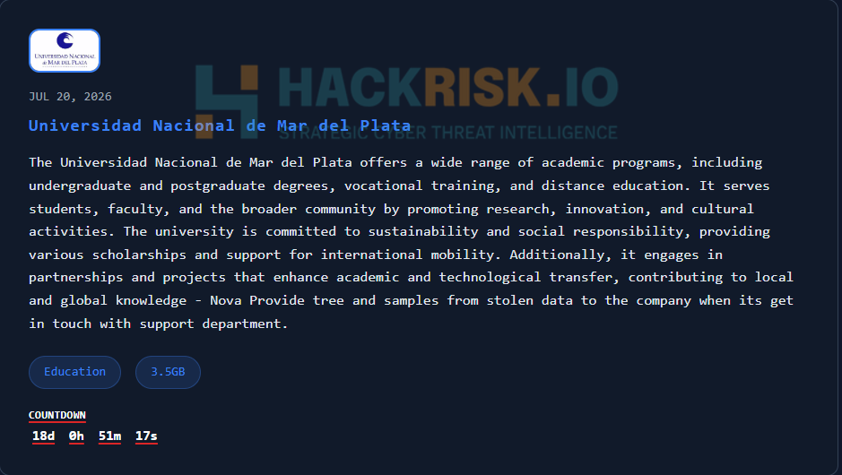 H4ckmanac's tweet photo. 🚨Cyber Alert ‼️

🇦🇷Argentina - 𝗨𝗻𝗶𝘃𝗲𝗿𝘀𝗶𝗱𝗮𝗱 𝗡𝗮𝗰𝗶𝗼𝗻𝗮𝗹 𝗱𝗲 𝗠𝗮𝗿 𝗱𝗲𝗹 𝗣𝗹𝗮𝘁𝗮 (𝗨𝗡𝗠𝗱𝗣)

Nova hacking group claims to have breached Universidad Nacional de Mar del Plata (UNMdP). Allegedly, the attack led to the exfiltration of 3.5 GB of data.

Threat actor: Nova
Sector: Education
Data exposure (claimed): 3.5 GB
Data type: Not specified
Observed: Jul 20, 2026
Status: Pending verification
ESIX©: 5.23

Full details and impact assessment on https://t.co/eB7qgxKFAa